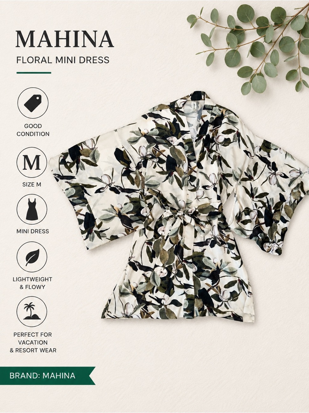 mahina White Floral Tie-Waist Mini Dress with Green & Black Leaves